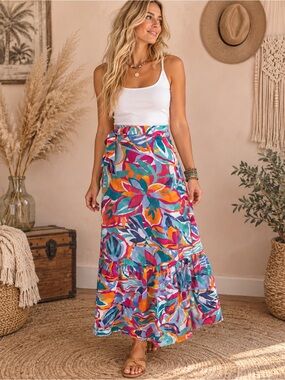Mimi Flamingo Colorful Abstract Print Wrap Maxi Skirt with Tie Waist